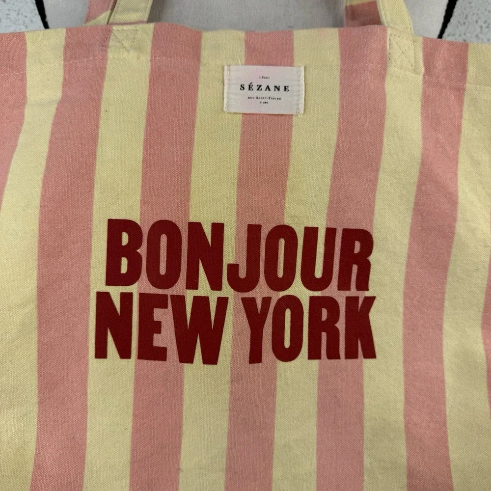 Bonjour New York Striped Yellow Pink Women's Canvas Tote Bag Beach Pool Travel
